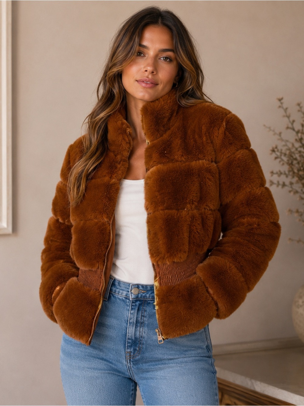 Women's Plush Faux Fur Puffer Jacket in Rust Brown